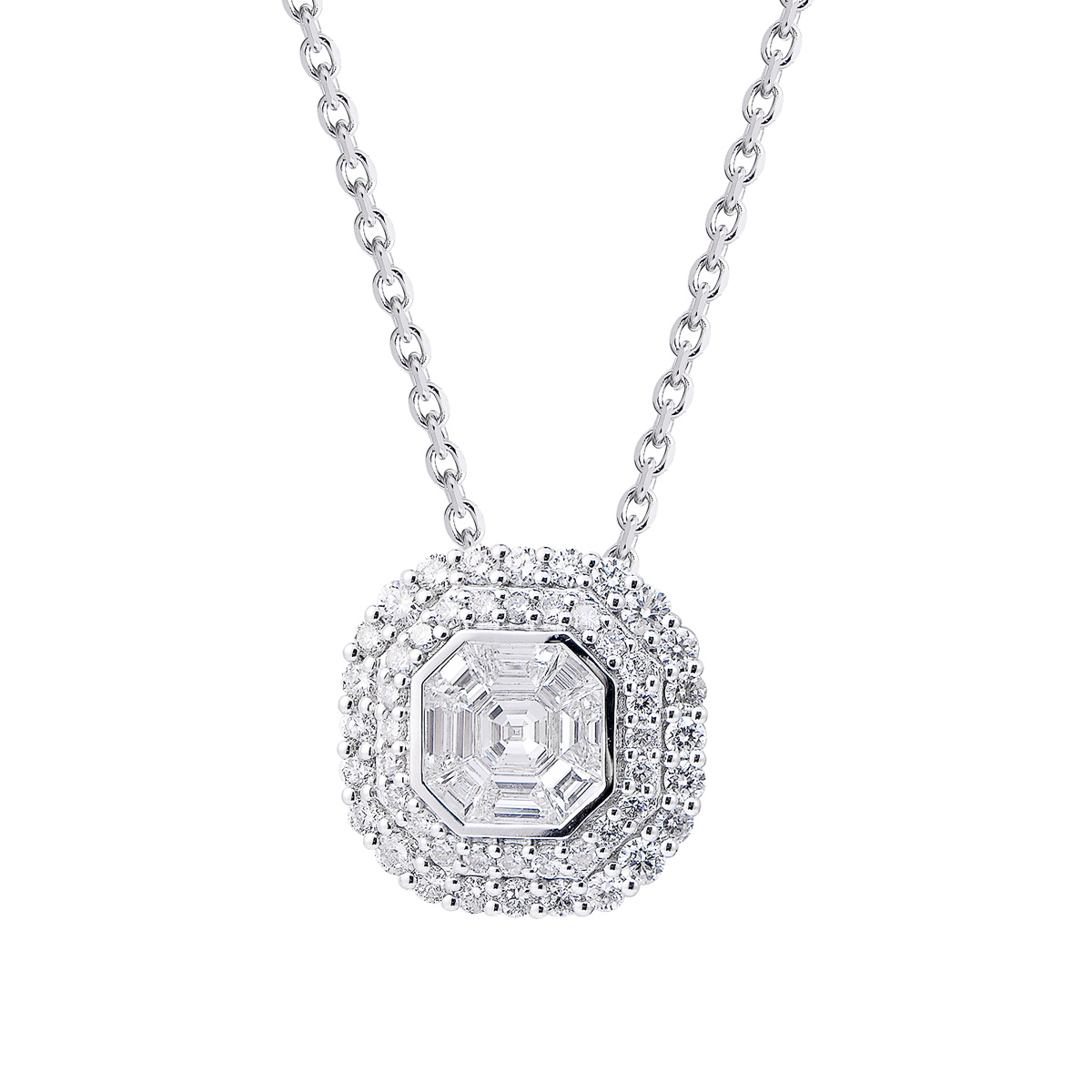AM25859U 18K white gold Asscher cut diamond necklace