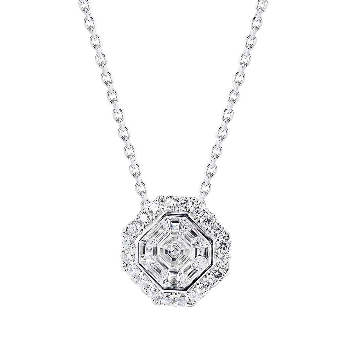 AM25860U 18K white gold Asscher cut diamond necklace