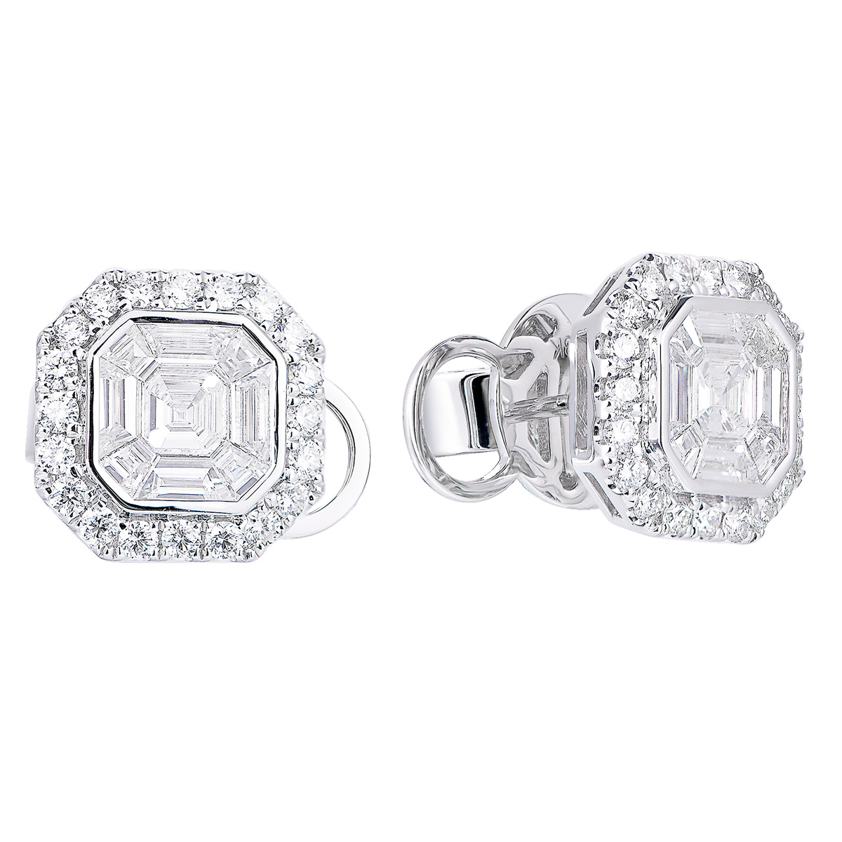 AM25860W 18K white gold Asscher cut diamond earrings