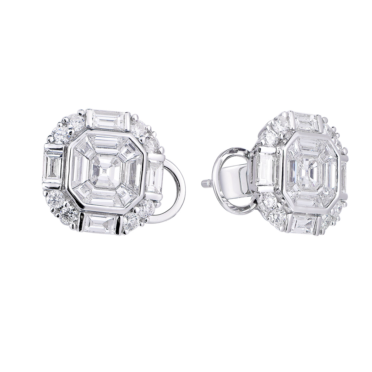 AM25891W 18K white gold Asscher cut diamond earrings