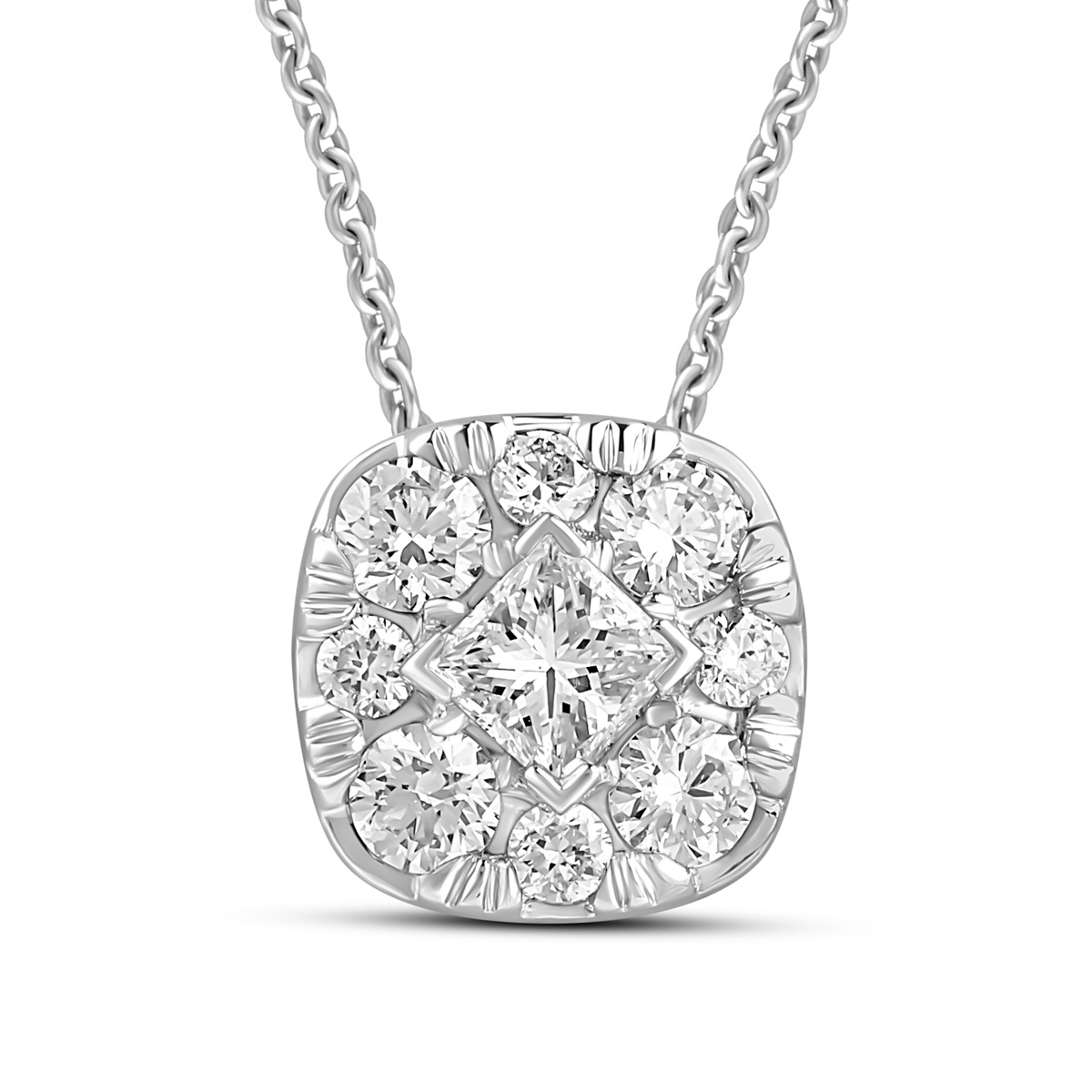 HE53118SWD4WN
14K White Gold princess cut diamond pendant
